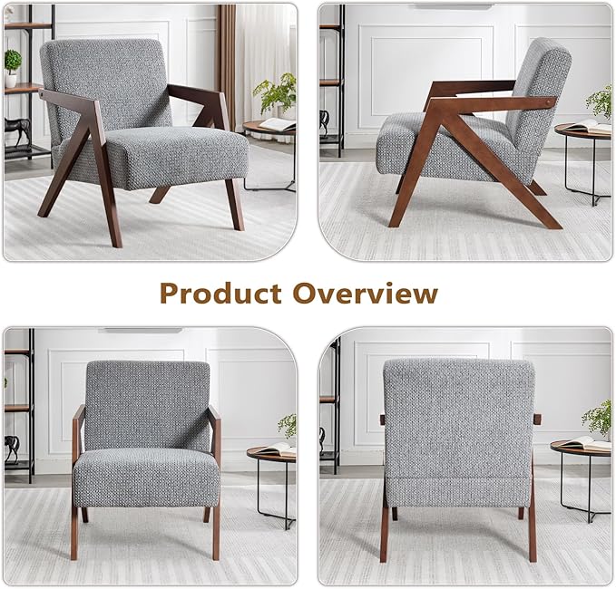 Bonzy Home Mid-Century Modern Accent Chair with Solid Wood Frame, Upholstered Armchair for Bedroom & Living Room,Reading Side Chair with Soft Lien Fabric Cushion,Easy Assembly,Light Grey