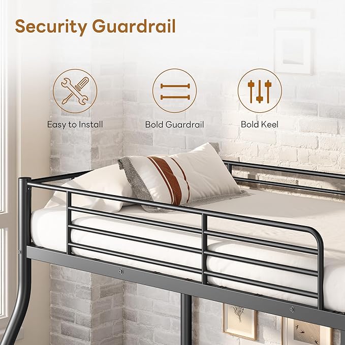 Twin Over Full Bunk Bed for Adults with Stairs, Metal Bunk Beds Twin Over Full Size for Teens Dorm Bedroom Guest Room,Heavy Duty Bunk Beds with Ladder and Guardrail, No Box Spring Needed,Black