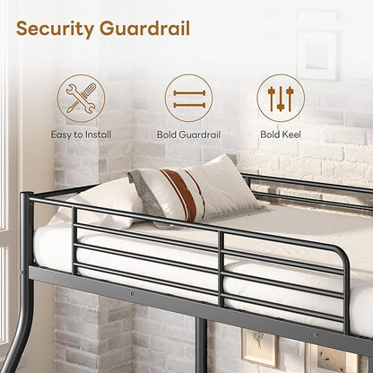 Twin Over Full Bunk Bed for Adults with Stairs, Metal Bunk Beds Twin Over Full Size for Teens Dorm Bedroom Guest Room,Heavy Duty Bunk Beds with Ladder and Guardrail, No Box Spring Needed,Black