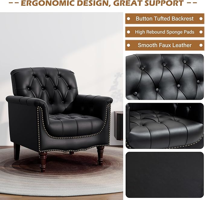 UIXE Faux Leather Accent Chairs Set of 2, Comfy Club Chair Upholstered Armchair for Living Room, Button Tufted Arm Chair Retro Single Sofa Side Reding Seat for Bedroom - Black
