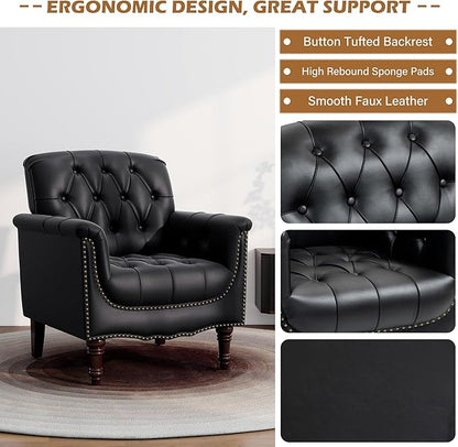 UIXE Faux Leather Accent Chairs Set of 2, Comfy Club Chair Upholstered Armchair for Living Room, Button Tufted Arm Chair Retro Single Sofa Side Reding Seat for Bedroom - Black