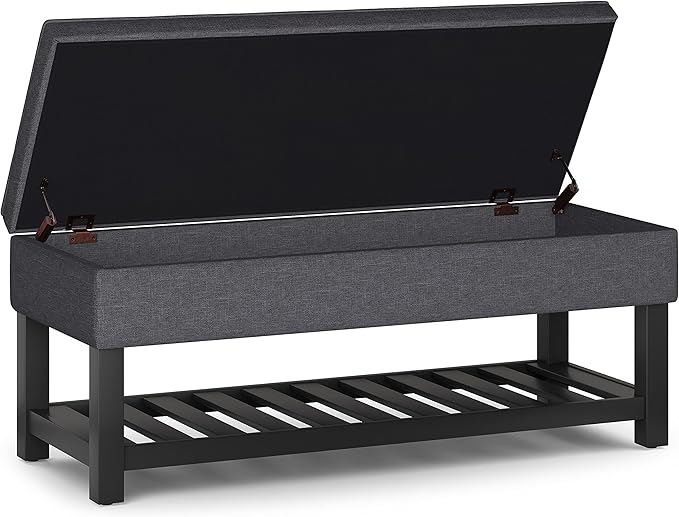 SIMPLIHOME Cosmopolitan 44 inch Wide Transitional Rectangle Storage Ottoman Bench with Open Bottom in Slate Grey Linen Look Fabric, Assembled for the Living Room and Bedroom