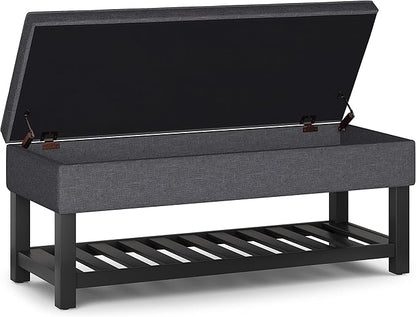 SIMPLIHOME Cosmopolitan 44 inch Wide Transitional Rectangle Storage Ottoman Bench with Open Bottom in Slate Grey Linen Look Fabric, Assembled for the Living Room and Bedroom