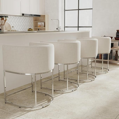 Contemporary Cream Linen Bar Stools Set of 4, 24" Upholstered Fabric Counter Height Barstools Kitchen Counter Island Stools with Screwed Together Chrome Finish Base