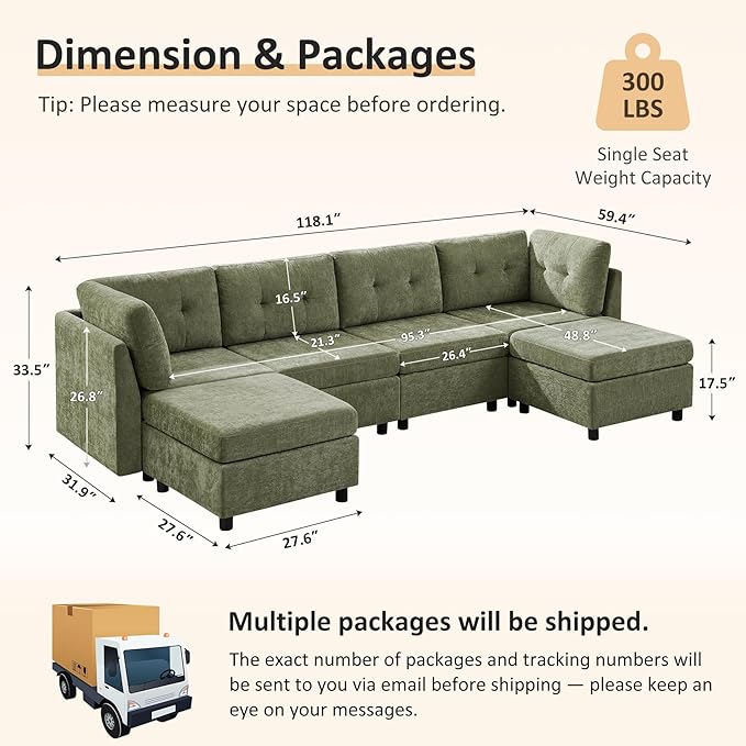 VANOMi 4 Seat Cloud Couches for Living Room with 2 Ottomans, 118" Modular Sectional Sofas & Couches, Comfy Chenille Cloud Sectional Couch Sofa for Apartment, Office, Olive Green, U Shaped