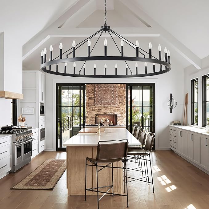Large black wagon wheel chandelier 64 inch,30-Light Farmhouse wagon Wheel Chandeliers Round Industrial ceiling light fixtures for outdoor porch high ceilings Living Dining Room Foyer Entryway