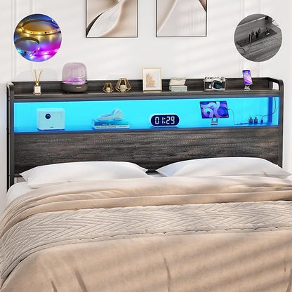 Aheaplus Headboard for Full Size Bed Frame, Headboards with Outlets, USB Ports and LED Light, Head Board with Storage, Height Adjustable, Sturdy and Stable Headboard, Full Size, Black Oak