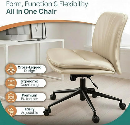 NYPOT Armless Desk Chair with Wheels for Criss Cross Sitting - Cross Legged Wide Armless Chair - Adjustable Vanity 360° Swivel Stool and 120° Rocking Wide Seat Comfy for Home and Office, Color Ivory