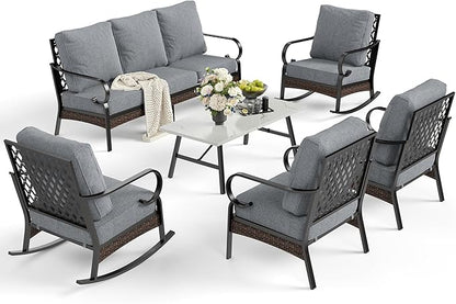 6 Piece Metal Outdoor Patio Furniture Set, Patio Conversation Set with 1 3-Seater & 2 Fixed Sofas, 2 Rocking Sofas, 5.75" Thick Cushion & Coffee Table, Black & Gray Backyard Furniture