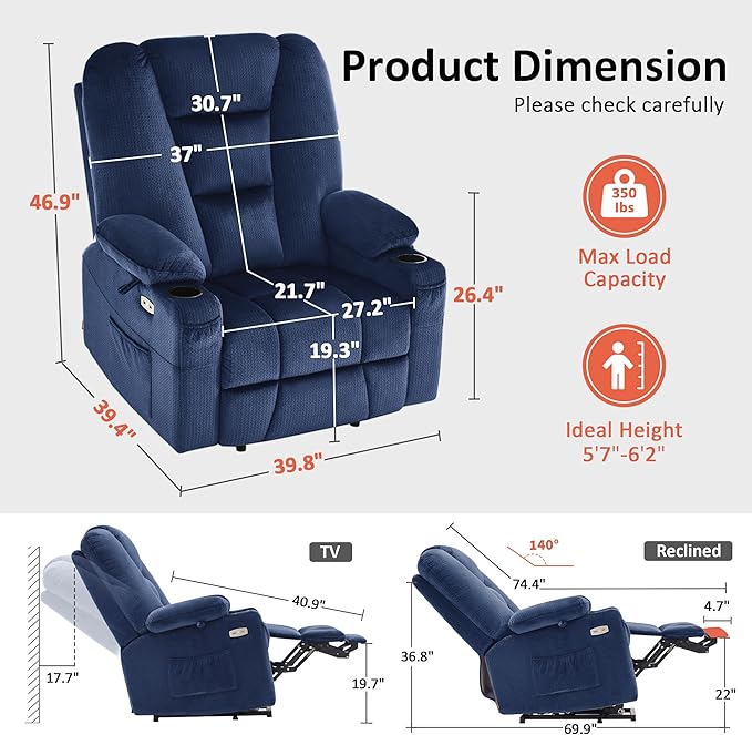 MCombo Oversized Power Lift Recliner Chair with Massage and Heat for Big and Tall Elderly People, Cup Holders, USB Ports, Side Pockets, Fabric R7541 (Navy Blue, Large-Oversize)