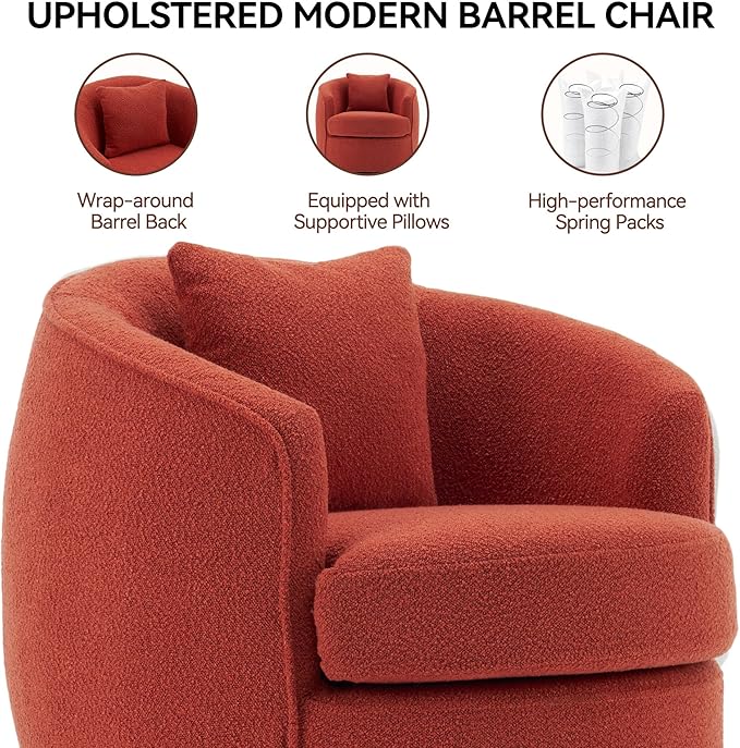 Swivel Accent Chair Set of 2, Modern Upholstered Boucle Barrel Arm Chairs with Pillow for Living Room, 360 Degree Round Swivel Sherpa Armchair with Round Base for Bedroom Club (2, Orange)