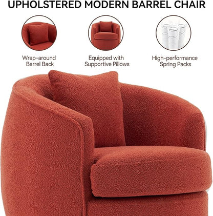 Swivel Accent Chair Set of 2, Modern Upholstered Boucle Barrel Arm Chairs with Pillow for Living Room, 360 Degree Round Swivel Sherpa Armchair with Round Base for Bedroom Club (2, Orange)