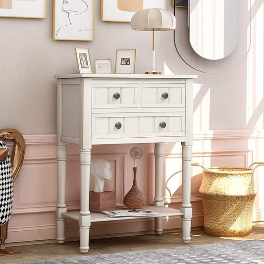 Knocbel Slim Antique Entry Console Table with Drawers & Bottom Open Shelf, Solid Wood Sofa Couch Table for Entryway Hallway Living Room (Ivory White)