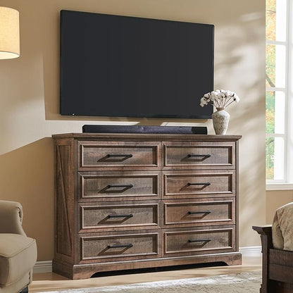 ACCOHOHO Farmhouse 8 Drawers Dresser Chests for Bedroom,52" Wide Wood Rustic Chest of Drawers with Metal Handle,Natural Texture,Drawer Organizer for Bedroom,Living Room,Hallway and Entryway,LB