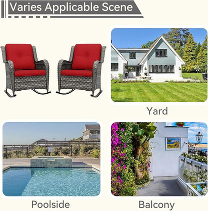 Outdoor Rocking Chair of 2, Wicker Patio Rocker Chair for Yard, Porch, Mixed Brown Grey Rattan, Red Cushions