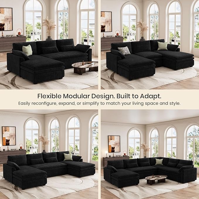Belffin Large Modular Sectional Sofa with Double 61" Loveseat, Corduroy Corner Couch with 9" Soft Dual-Layer Seats Cushion for Living Room, Apartment, Small Sapce, Black