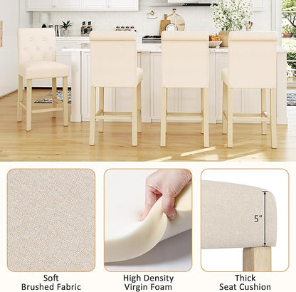 GOTMINSI 24" Bar Stools Set of 4 for Kitchen Island Upholstered Counter Height Bar Stools with Button Tufted Decoration Barstools Home Kitchen Island Wooden Bar Chairs Beige