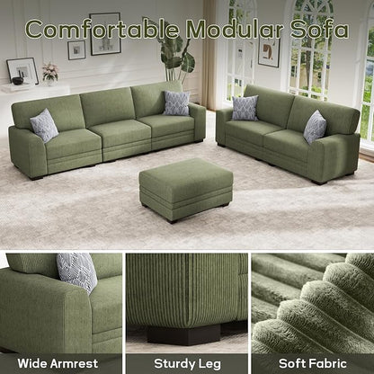 Wanderwell Oversized Modular Sectional Sofa, 6-Seater U Shaped Couches with Movable Ottoman,Corduroy Sectional Couch with Wide and Deep Seats Suitable for Living room,Bedroom,Apartment (Olive, 2+3+OT)
