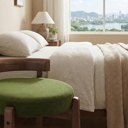 HNY Vintage Green Velvet Makeup Ottoman Set of 2 Compact Round Vanity Chairs with Wooden Legs, Perfect for Small Spaces Like Entryway, Cloakroom & Boudoir