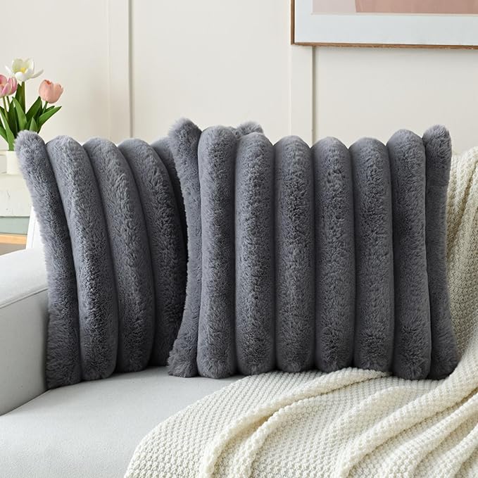 FUTEI Grey Decorative Throw Pillow Covers 22x22 Inch Set of 2, Square Soft Faux Rabbit Fur Thick Striped Cushion Cover,Winter Home Decor for Couch Bed Living Room