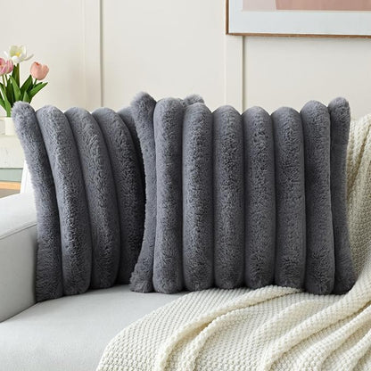 FUTEI Grey Decorative Throw Pillow Covers 18x18 Inch Set of 2, Square Soft Faux Rabbit Fur Thick Striped Cushion Cover,Winter Home Decor for Couch Bed Living Room