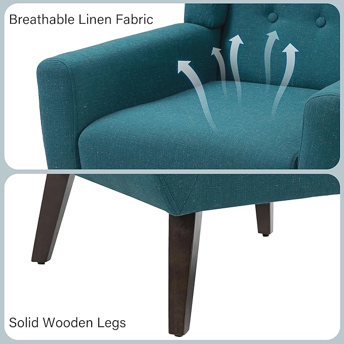 Accent Chair, Mid-Century Modern Fabric Chairs with Arms for Living Room, Comfy Upholstered Club Single Sofa Armchair for Bedroom Waiting Room with Solid Wood Frame (Fabric Turquoise, Set of 2)