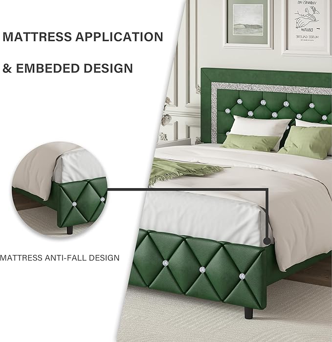 BarnFurin Full Size Bed Frame with Headboard, Faux Leather Upholstered Bed with Diamond Tufted Design, Mordern Bed Frame with Wooden Slats Suppor, No Box Spring Required, Easy Assembly, Green