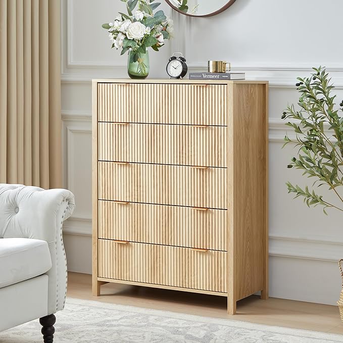5 Drawer Dressers for Bedroom, Modern Closet Chest of Drawers with Waveform Fluted Panel, Large Wood Storage Dresser Organizer for Nursery Bedroom Living Room Hallway Closet, Natural