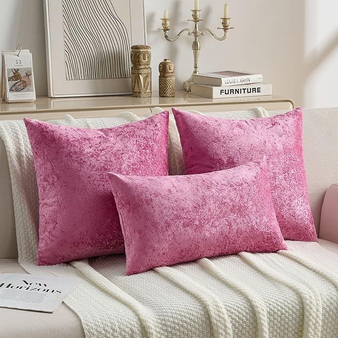 FUTEI Hot Pink Flannel Throw Pillow Covers 24x24 Inch Set of 2,Soft Dimensional Textured European Cushion Cases,Modern Home Decor for Couch Living Room