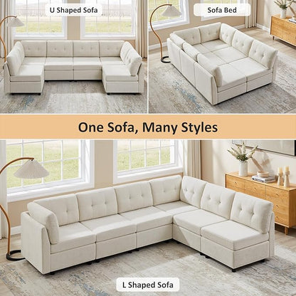 VANOMi 6 Seat Sectional Couches for Living Room, 118" Convertible Modular Cloud Sofa, Comfy Chenille Sofas & Couches for Living Room, Apartment, Office, Beige, L/U Shaped