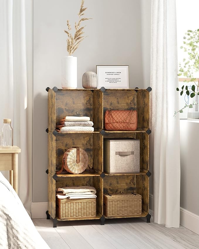 SONGMICS 6 Cube Storage Organizer, Modular Bookshelf, DIY Closet Organizers and Storage, Plastic Stackable Shelves, 14.6 x 13 x 13 Inch Cubes, with Feet and Rubber Mallet, Rustic Brown ULPC206A01