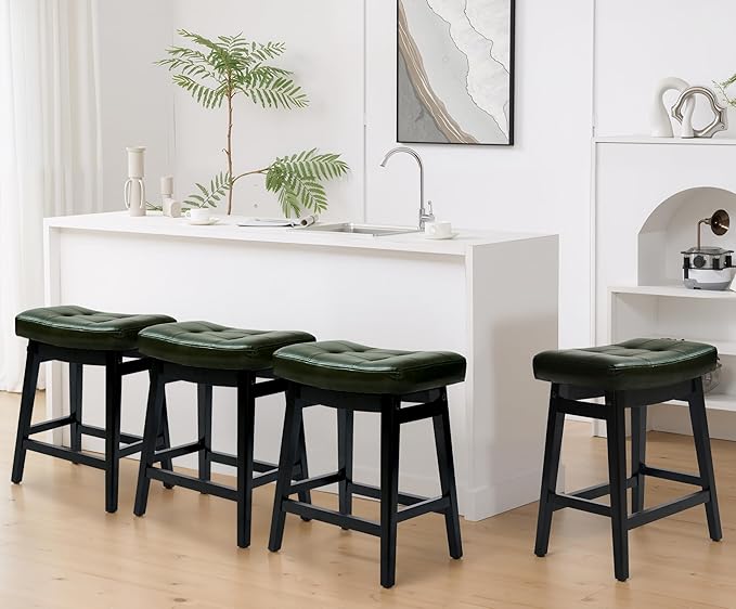Counter Height Bar Stools Set of 4 for Kitchen Counter Farmhouse Modern Barstools with Faux Leather Upholstered Backless Seat and Solid Wood Legs 24 inch Bar Chairs, Green + Black