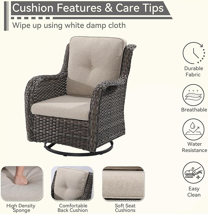 Outdoor Swivel Rocker Patio Chair - Outdoor Wicker Patio Glider Chair with Olefin Fabric Cushions Suitable for Backyard Deck and Porch, Beige