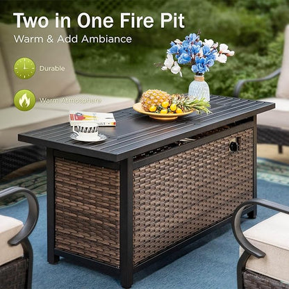 PHI VILLA Patio Furniture Set with 56" Fire Pit Table, Premium Outdoor Wicker Metal Frame Furniture with Upgraded Waterproof Thick Cushions for Porch, Poolside, Deck, and Yard （4 Pieces, Grey