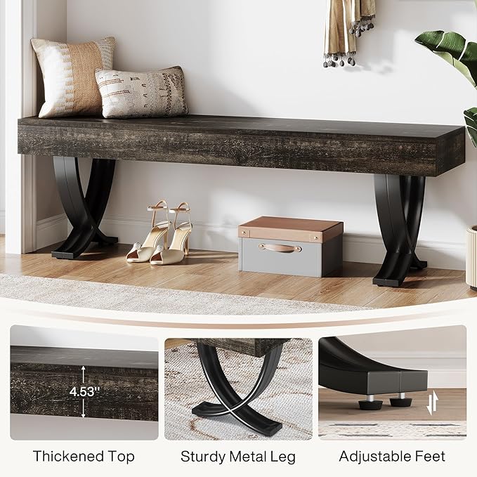 Tribesigns Entryway Shoe Bench, 55-Inch Wooden Shoe Bench with Metal X-Shaped Legs, Industrial Long End of Bed Stool with Seating for Living Room, Bedroom, Hallway, Porch (Oak & Black)