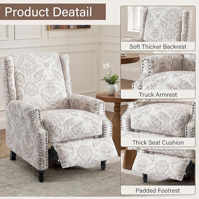 UIXE Recliner Chairs Set of 2, Fabric Upholstered Armchair Pushback Accent Chair for Living Room, Floral Rivet Trim Club Chair Home Theater Single Sofa Bedroom Side Reading Seats - Beige