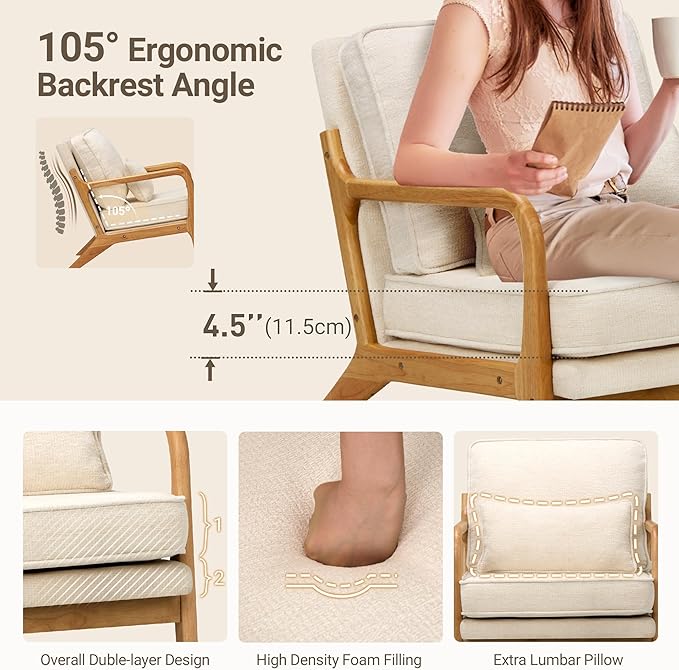 COLAMY Mid Century Modern Accent Chair Set of 2 with Lumbar Pillow, Relaxing Armchair with Solid Wood Frame & Soft Cushion, Reading Leisure Chair for Living Room（Beige）