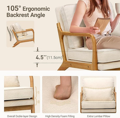 Modern Accent Chair with Lumbar Pillow, Relaxing Mid Century Chair Armchair with Solid Wood Frame & Soft Cushion, Reading Leisure Armchair for Living Room, Beige