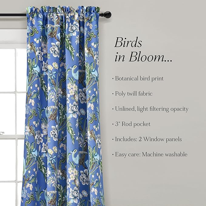 Lush Decor Dolores Light Filtering Window Panels, Pair, 52" W x 84" L, Blue & Green - Floral Curtains for Bedroom - Vintage Curtains - Coquette Room Decor
