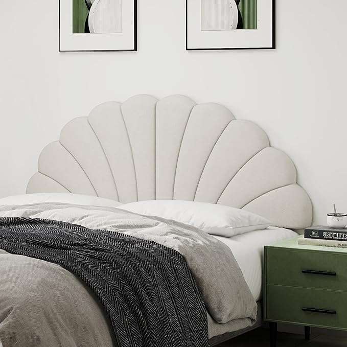 Queen Size Headboard Only, Petal Wall Mount Headboard Queen/Full Size for Adjustable Bed Velvet Upholstered Head Board Easy Assembly, Cream