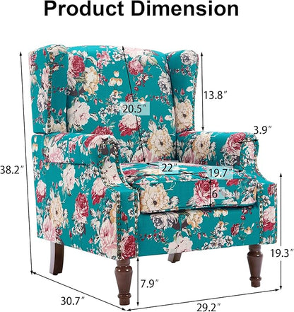High Back Floral Accent Chair - Retro Wingback Upholstered Armchair with Nailhead Trim, Solid Wood Legs, Fabric Living Room Bedroom Reading Chair (Peacock Blue)