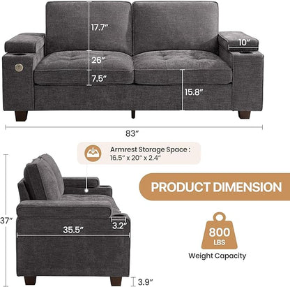 84" Loveseat Couch for Living Room,Modern Chenille Upholstered Sofa with Adjustable Storage Armrest,Cup Holders,USB & Type-C Ports,Solid Wood 2-Seater Loveseat Sofa for Apartment(Deep Gray)