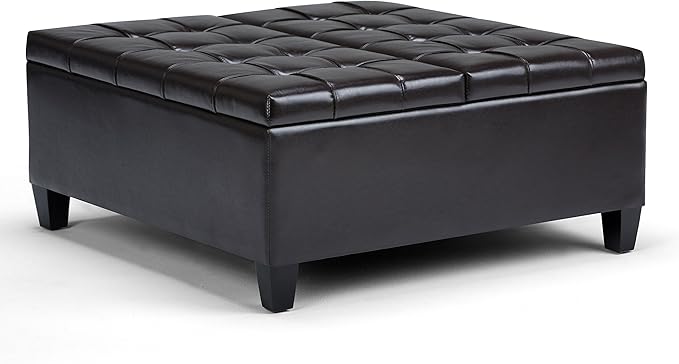 SIMPLIHOME Harrison 36 inch Wide Transitional Square Coffee Table Storage Ottoman in Tanners Brown Vegan Faux Leather, Assembled, For the Living Room and Bedroom