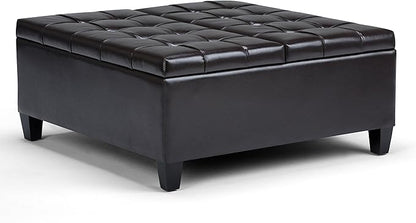 SIMPLIHOME Harrison 36 inch Wide Transitional Square Coffee Table Storage Ottoman in Tanners Brown Vegan Faux Leather, Assembled, For the Living Room and Bedroom