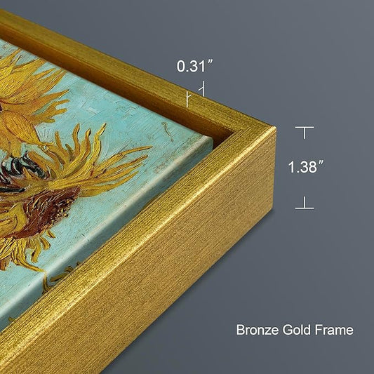 Wieco Art Framed Wall Art of Sunflower by Vincent Van Gogh Paintings Reproduction Abstract Canvas Prints for Home Living Room Decorations Bronze Gold Frame