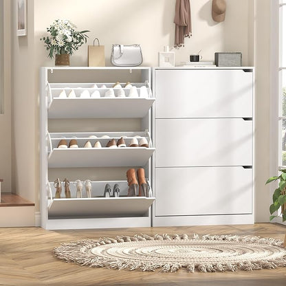 Shoe Storage Cabinet with 3 Flip Drawers, Slim Hidden Wood Shoe Cabinet Storage for Entryway, Freestanding Narrow Shoe Rack Organizer with Adjustable Shelves for Foyer, Hallway, White