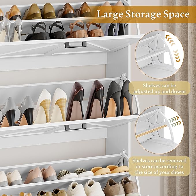 Shoe Cabinet Storage for Entryway, Shoe Storage Cabinet with 3 Flip Drawers, Freestanding Narrow Shoe Rack Organizer with Metal Legs & Side Hook for Foyer, Hallway, White