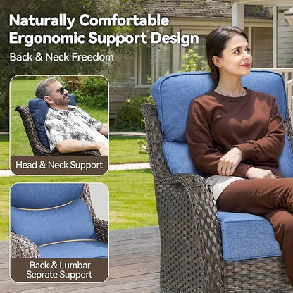 HUMMUH Outdoor Patio Wicker Swivel Rocker Chairs with 6-Inch Thick Cushion High Back 3 PCS Wicker Conversation Set for Porch Balcony Deck