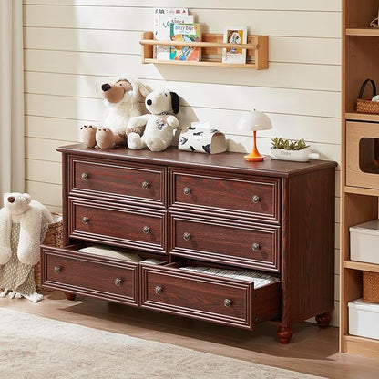 Farmhouse Dressers & Night Stand Set of 4, Wood 54" Wide 6 Drawer Dresser & 35" Tall Chest of Drawers, 18" Roman Column Nightstand Set of 2, Bedroom Furniture Dresser Sets for Home Living Room Hallway