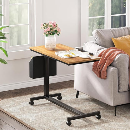 Tribesigns C-Shaped End Table, Small Adjustable Height Rolling Side Table with Wheels and Storage Bag, Portable Mobile Tiltable Laptop Desks for Couch, Living Room, Bedroom, Walnut
